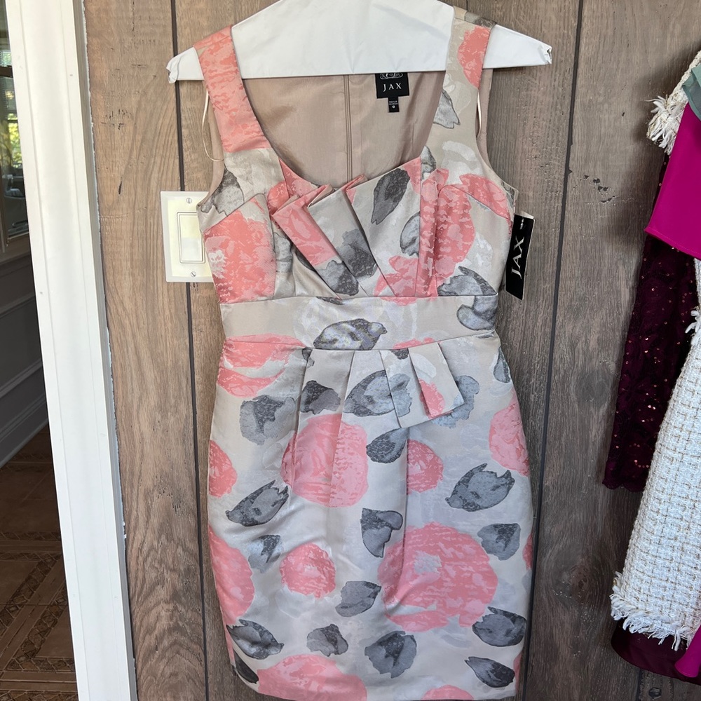 Jax Pink and Gray Floral Sheath Dress with tailored pleated details